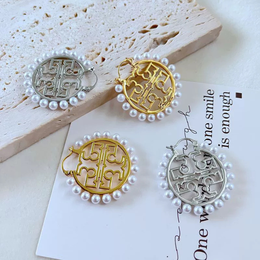 Tory Burch Pearl Inlaid Hollow Letter Round Metal Earrings